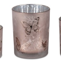 Teelichthalter, Windlicht Schmetterlinge H. 12,5Cm Rosa Silber Aus Glas Formano