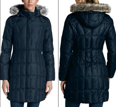 Eddie Bauer Women's Lodge Down Parka Dusted Indigo Blue Hooded Coat SP Excellent