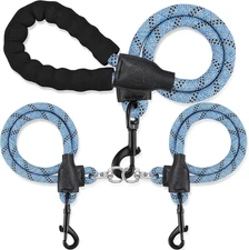 Double Dog Leash – No-Tangle 360° Swivel Reflective Leash for 2 Dogs Padded Blue