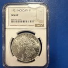 1921-P  $1  MORGAN SILVER DOLLAR  "PHILADELPHIA"  NGC MS62