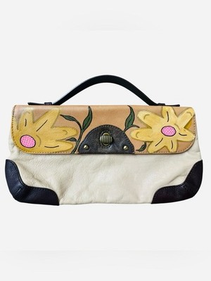 Vintage Cole Haan Leather Clutch Hand Painted Folk Floral Y2K Boho Art Purse