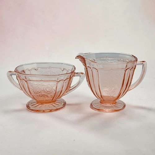 Pink Depression Glass Anchor Hocking Mayfair Open Rose Creamer & Sugar Bowl Set