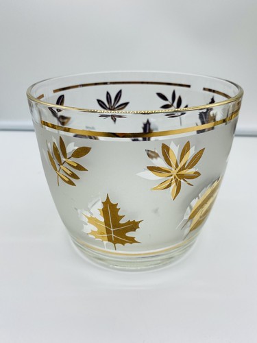 Vintage 1960's Libbey Glass Gold Foliage Leaf 12 oz. Tumblers & Ice Bucket 6 Pcs - Picture 3 of 11