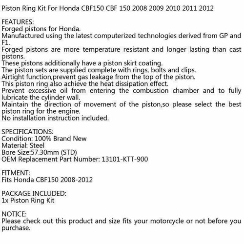 STD 57.30mm 13101-KTT-900 150cc Piston Kit Fit For Honda CBF150 08~12 SP E7 E7 - Picture 5 of 5