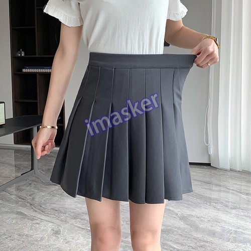 Elastic High Waist Pleated Skirt Woman Black Gray Short A-Line Skirts for Women