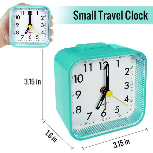 Small Battery Operated Analog Alarm Clock Green Quiet Travel Bedside Desk - Picture 2 of 6