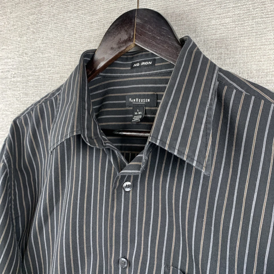 Camisa con botones VAN HEUSEN para hombre talla grande 16-16,5 negra a rayas cuerpo trabajo papá Foto 4 de 4