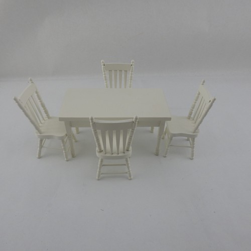 White Wood Dollhouse Furniture Table 4 Chairs Kitchen Dinning Room Spindle - Picture 6 of 7