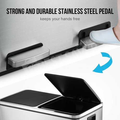 Dual Compartment Pedal Rubbish Bin Stainless Steel Garbage Waste Trash Can 60L - Picture 6 of 12