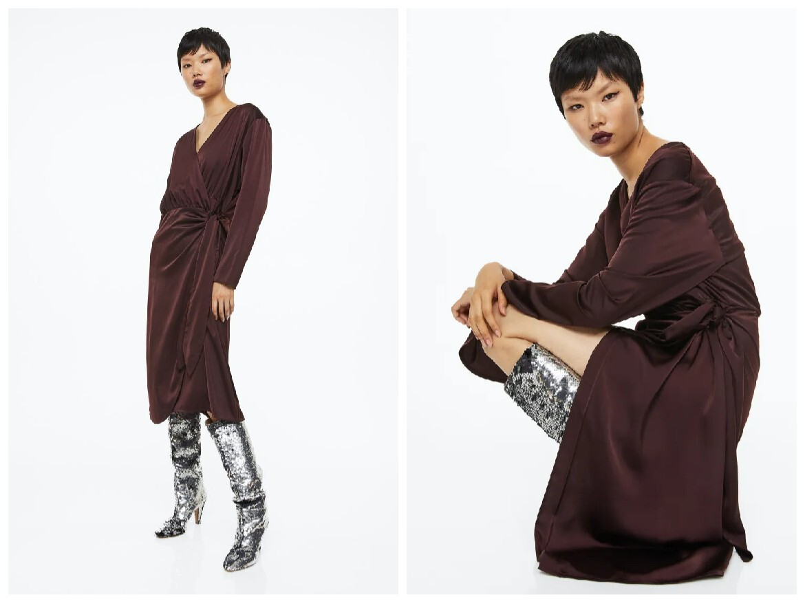 H&M BURGUNDY SATIN WRAP FRONT MIDI DRESS MEDIUM NWT BLOGGER FAV!