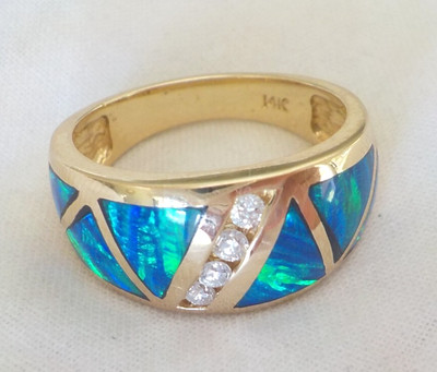 Upscale Heavy 14K Yellow Gold Inlay Created Opal Diamond Ring- 10.3 gm, Sz 10.75