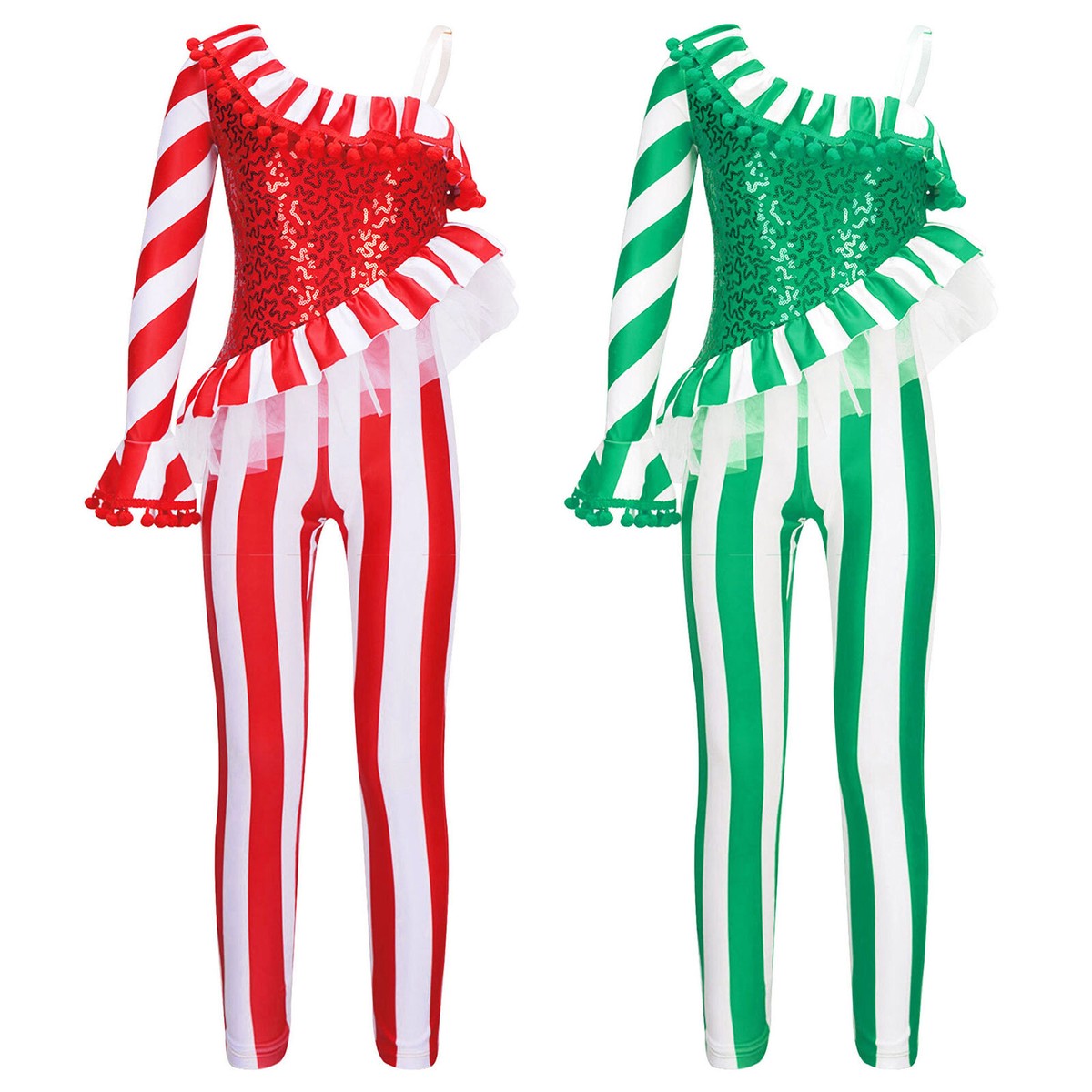 Girls Candy Cane Christmas Leotard - Striped Sequins Gymnastics Dance Costume