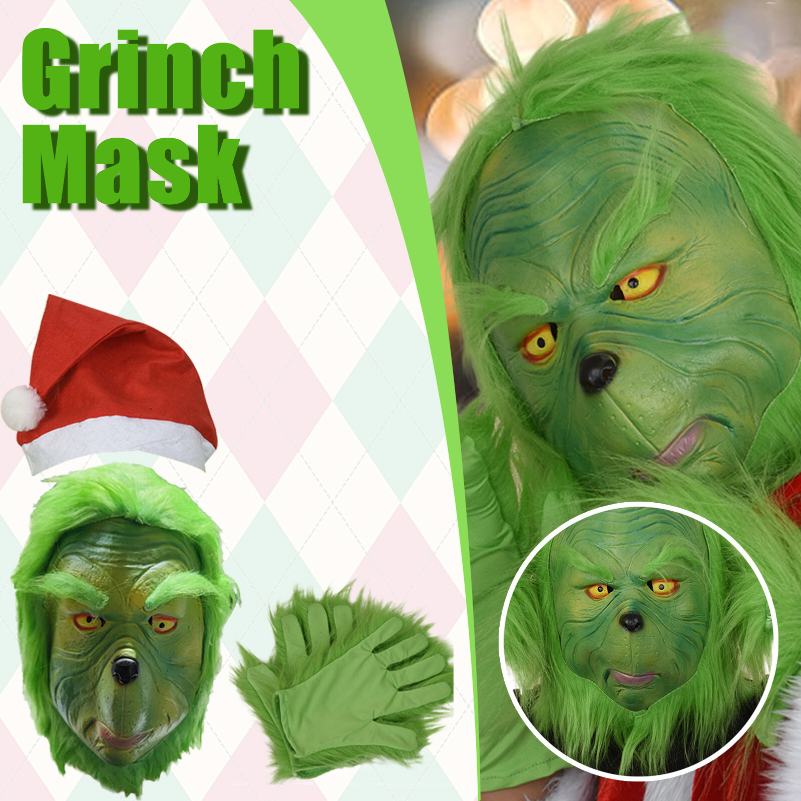 Christmas Mask With Red Hat And Glove, Cosplay Xmas Funny Carnival Party Full