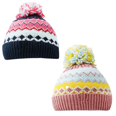 Kinder Mädchen 2er Pack Mützen Nordic Stripe Bommelmütze weich gefüttert Strick warm Mützen
