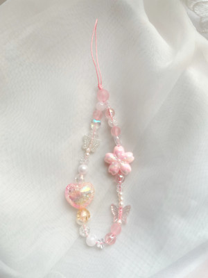 Charming Pink Sakura Heart Iridescent Phone Strap w/ Cute Charms, Gift for Her