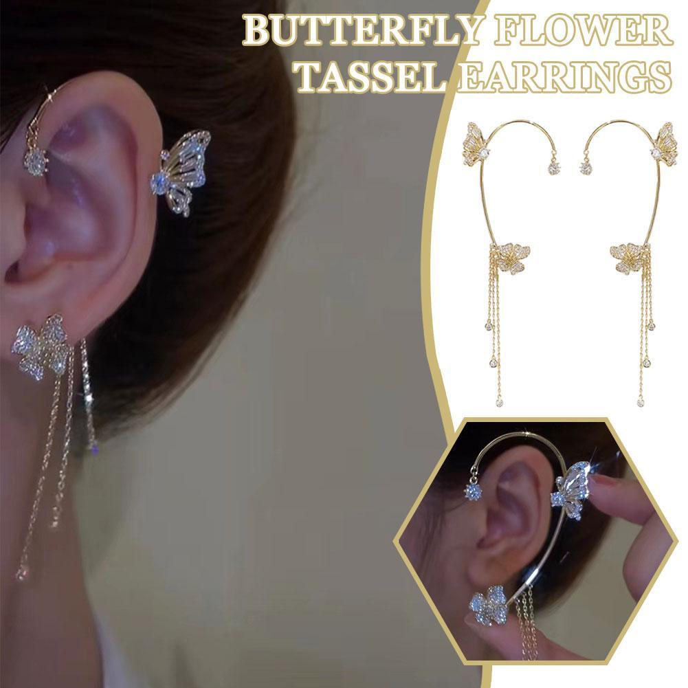 Butterfly Flower Long Shiny Zircon Non Piercing Tassel Ear Clips Hot