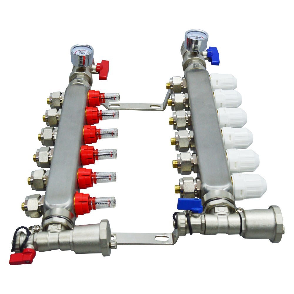 6-Branch PEX Floor Heating Manifold 304 Stainless Steel 1-95℃ 1.5MPa