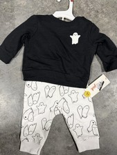 Cat Jack 2-Piece Halloween Ghost Sweatshirt Pants Set Black/White 0-3M