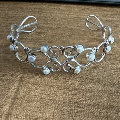 ATI Mexico Sterling Silver Openwork Pearl Cuff Bracelet