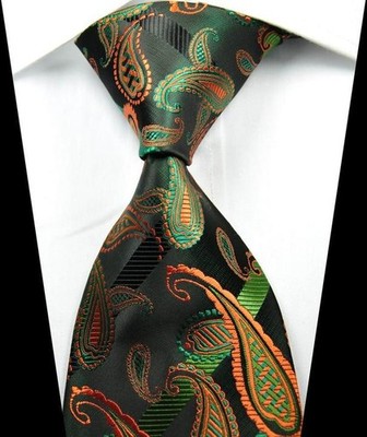 New Paisley Green Orange Black Jacquard Woven 100% Silk Fashion Mens Tie Necktie