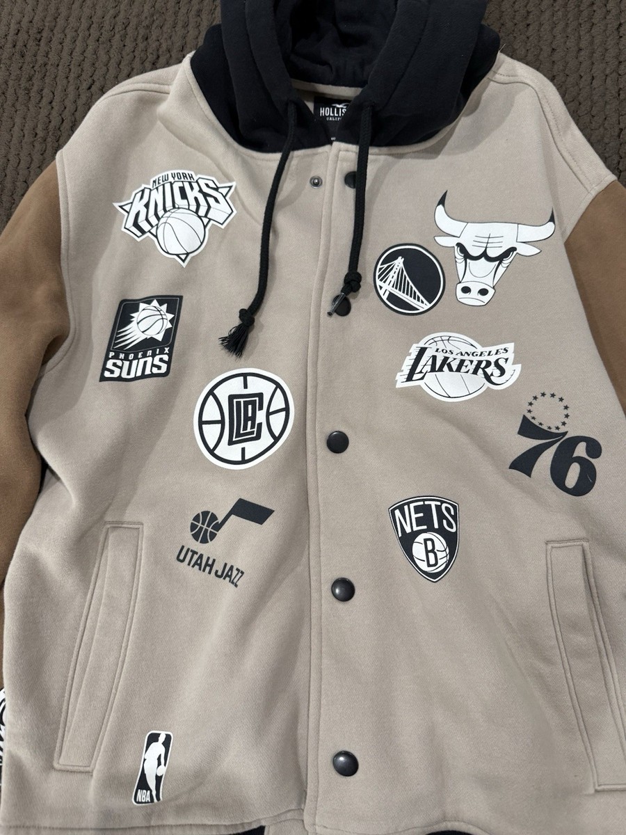 Hollister Jacket Men's Medium Varsity Snap Hoodie Tan NBA Team