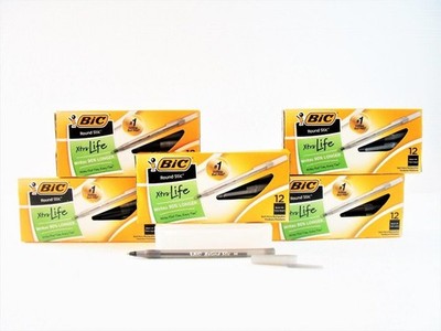 (60-Count) Bic Round Stic Xtra-Life 90% Longer Ball Pens BLACK Med 5-Boxes 20119