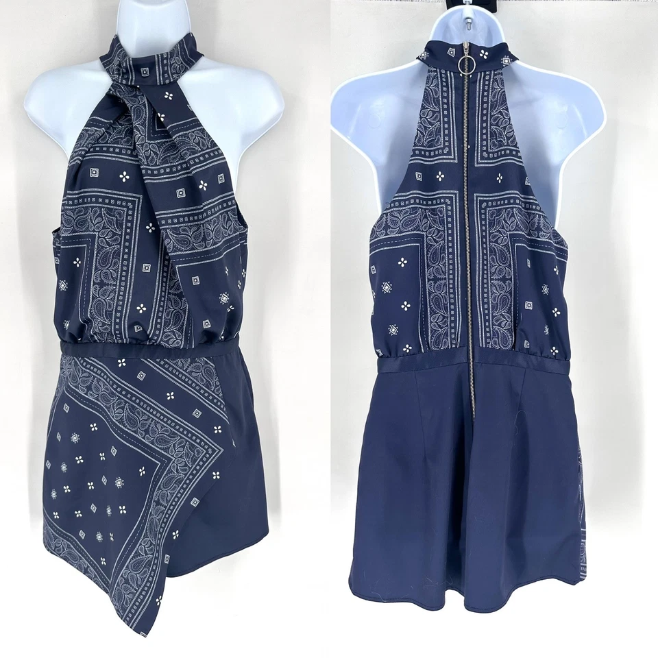 Mini Vestido Asimétrico STYLESTALKER Azul Estampado Bandana Cuello Halter Talla M Foto 2 de 4