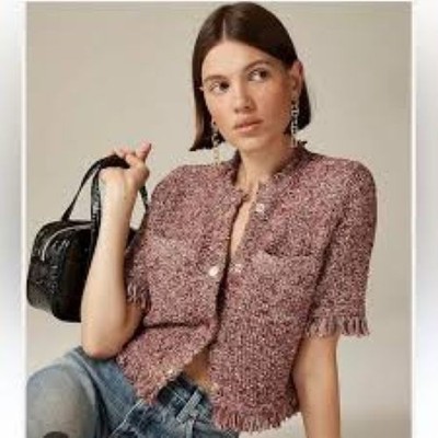 J.CREW Cropped Fringe-trim Lady Jacket In Marled Yarn Size M