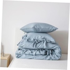 100 Linen Duvet Cover Set, 3 Pieces Belgian Flax Queen Tie Closure Dusty Blue