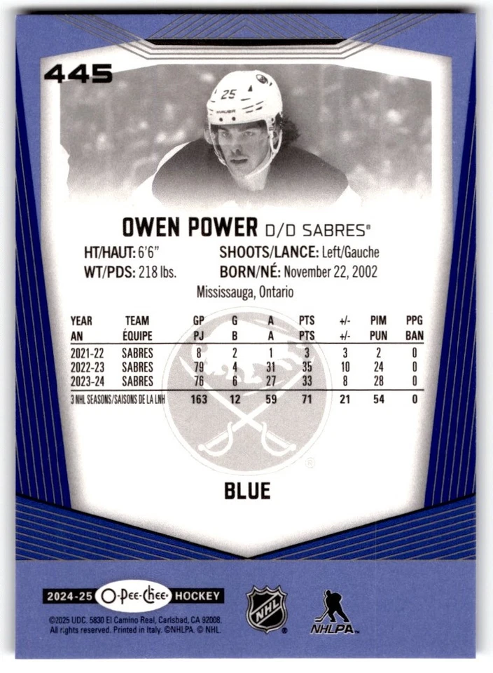2024-25 O-pee-Chee Blue Owen Power #445 - Image 2 of 2