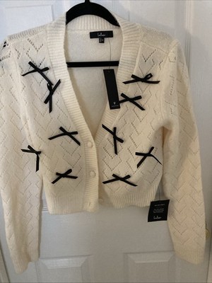 NWT Lulus Made W/ Love Ivory Color W/ BLACK BOWS Cropped Cardigan Women M Button