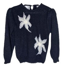 Vintage 80s Black Knit Sweater, Pearl  Metallic Floral Accents, Size Medium