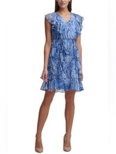 Tommy Hilfiger 12 Blue Chiffon Paisley Vintage Ruffled Mini Dress flounce party