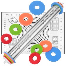 Adjustable Stainless Steel Rolling Pin Set w/Thickness Rings & Silicone Baking M