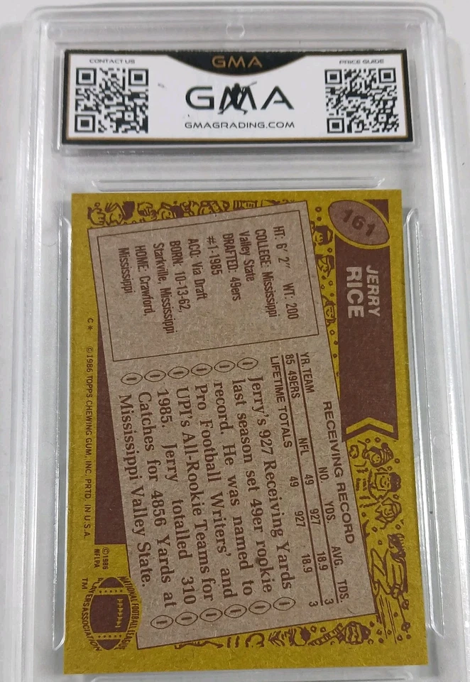 Tarjeta de novato 1986 Topps Football #161 Jerry Rice clasificación radiocontrol GMA 8,5 49ers casi nueva+ Foto 2 de 4