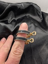 Vintage 90s Black Enamel Gold Tone Clip On Hoop Earrings Chunky Minimalist