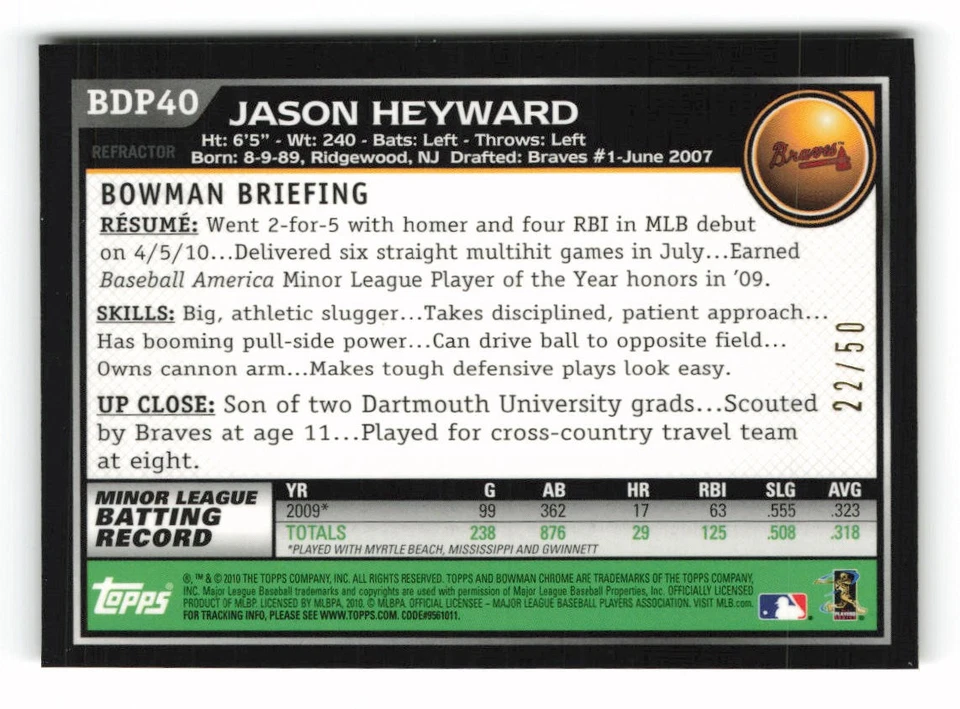 2010 Bowman Chrome Jason Heyward Gold Refractor /50 #BDP40 Rookie Braves - Image 2 of 2