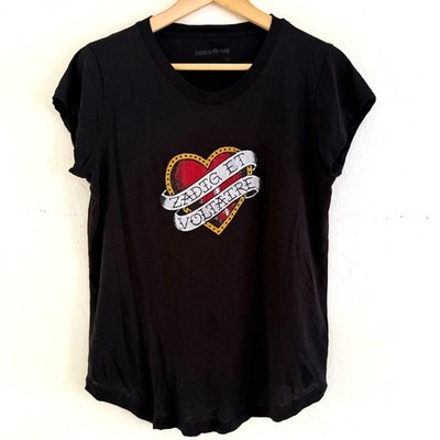Zadig & Voltaire Woop Big Ribbon Heart Black Short Sleeve Shirt Size Small