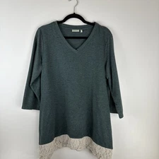 Logo Lounge Large Tunic Blouse 3/4 Sleeve V Neck Pockets Green Lace Hem Top