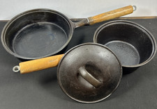 Cast Iron 1 qt Saucepan w/ Lid 6", 8" Matching Skillet Wood Long Handle, Taiwan