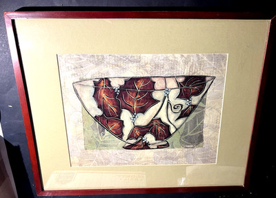 SARAH VAN BECKUM: DAMASK BOWL: MIXED MEDIA ART BOWL LEAVES & BERRIES FRAMED  MAT