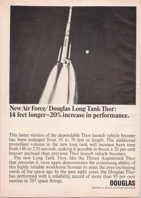 Douglas 1966 Vintage Print Ad Long Tank Thor USAF Rocket Booster