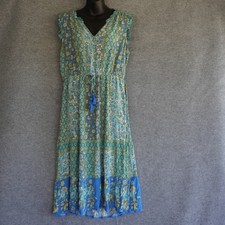 Knox Rose Boho Maxi Dress L Large Blue Green Floral Tiered V-Neck Rayon Target