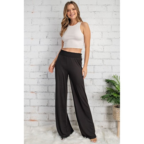 Wide Leg Black Palazzo Pants with Smocked Waist Dress Pants Business & Casual