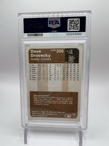 Tarjeta de novato Fleer Dave Dravecky #356 1983 radiocontrol Padres Gigantes graduada PSA 10 GEMA MT - Imagen 4 de 7