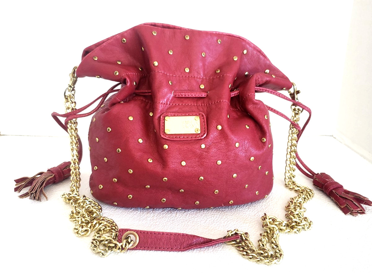 BILLABONG Red Faux Leather Drawstring Shoulder Bag - Gold Metal Strap & Studs View 4