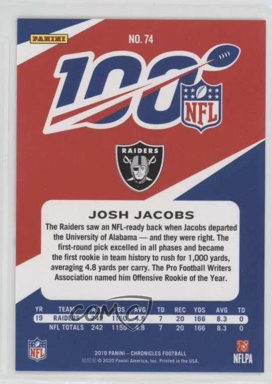 2019 Panini Chronicles NFL 100 Purple /49 Josh Jacobs #74 Rookie RC - Image 2 of 2