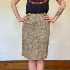1960s vintage tweed mustard wool herringbone knee length skirt