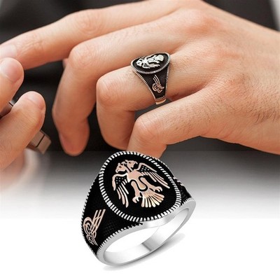 Solid 925 Sterling Silver Double Headed Eagle Ottoman Tughra Square Men's Ring