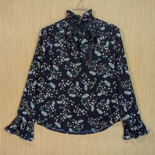 Noble Floral Ruffle Collar Blouse Bow Tie Neck Victorian Elegant Women ...